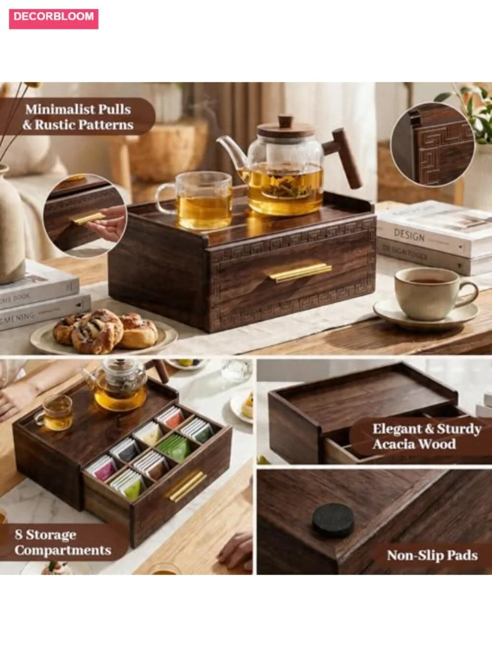 Acacia Wood Tea Bag Organizer with Drawer, 8 Compartments, 2 Coasters